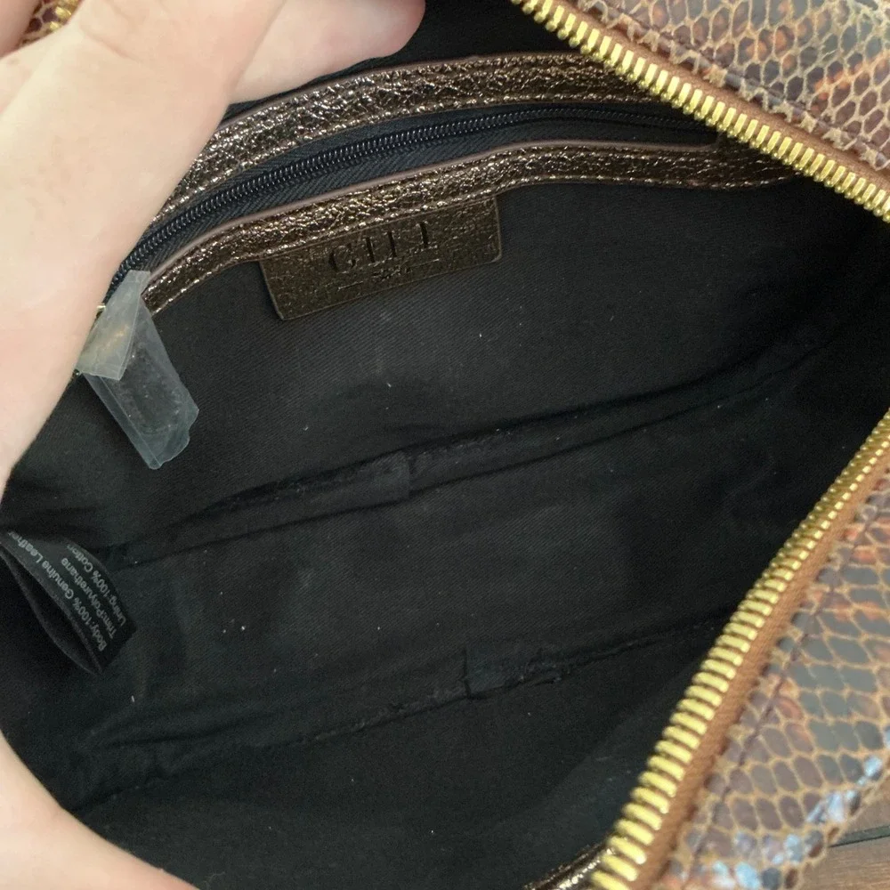 GILI Brown Snakeskin Embossed Leather Camera Bag Metallic Bronze Crossbody Purse - Picture 6 of 7